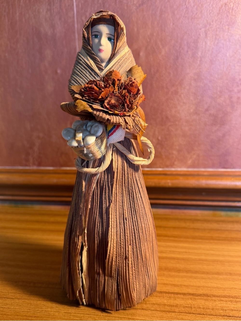 Vintage 9.5" Corn Husk Doll Porcelain Face Basket Flowers Primitive Folk Art